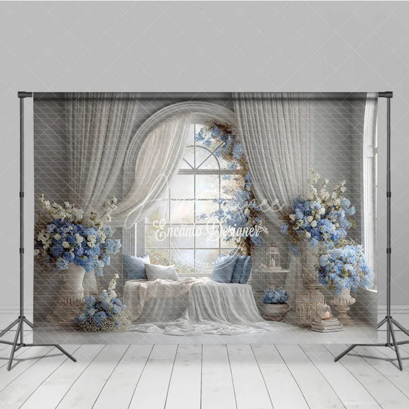 Aperturee - Aperturee Elegant Wedding Window Seat Backdrop Arch Window with Blue Floral Bridal Shower Photography Background Decor