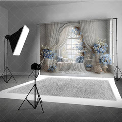 Aperturee - Aperturee Elegant Wedding Window Seat Backdrop Arch Window with Blue Floral Bridal Shower Photography Background Decor