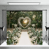 Aperturee - Aperturee Elegant White and Blush Floral Heart Arch Wedding Photography Backdrop Outdoor Garden Ceremony Decor with Sunset Glow