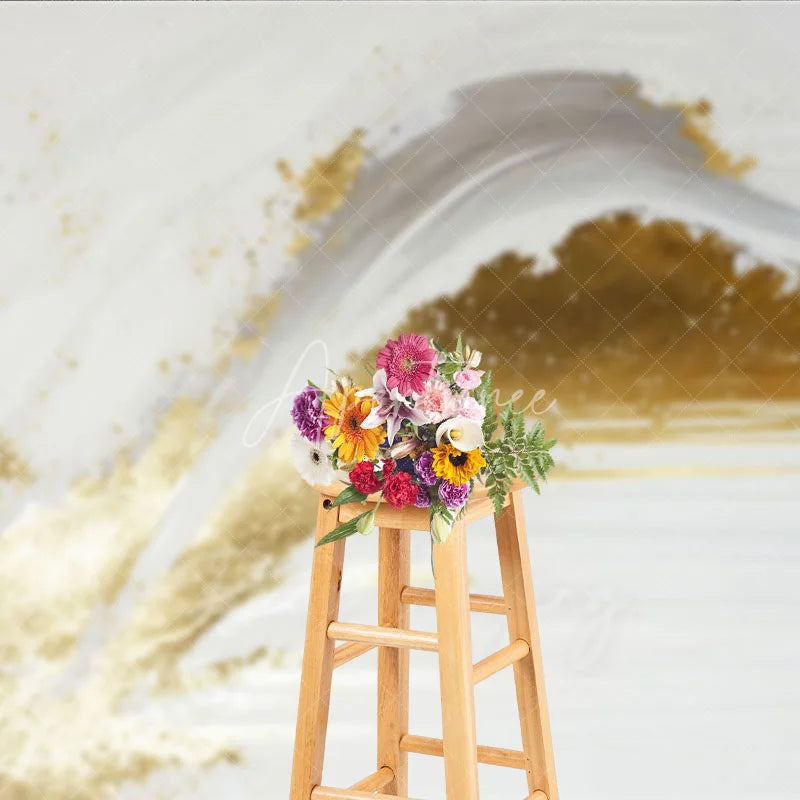 Aperturee - Aperturee Elegant White and Gold Abstract Photography Backdrop Modern Brush Stroke Glitter Design