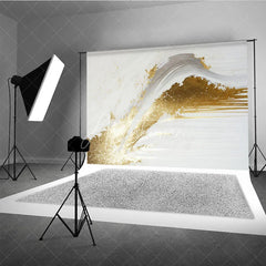 Aperturee - Aperturee Elegant White and Gold Abstract Photography Backdrop Modern Brush Stroke Glitter Design