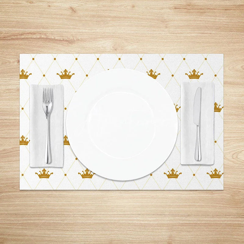 Aperturee - Aperturee Elegant White and Gold Crown Dining Set of 4 Placemats Royal Theme for Princess Party or Wedding Decor