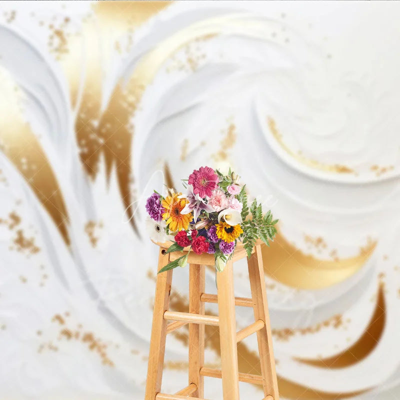 Aperturee - Aperturee Elegant White and Gold Swirl Photography Backdrop Luxury Glitter Design for Studio Photoshoot