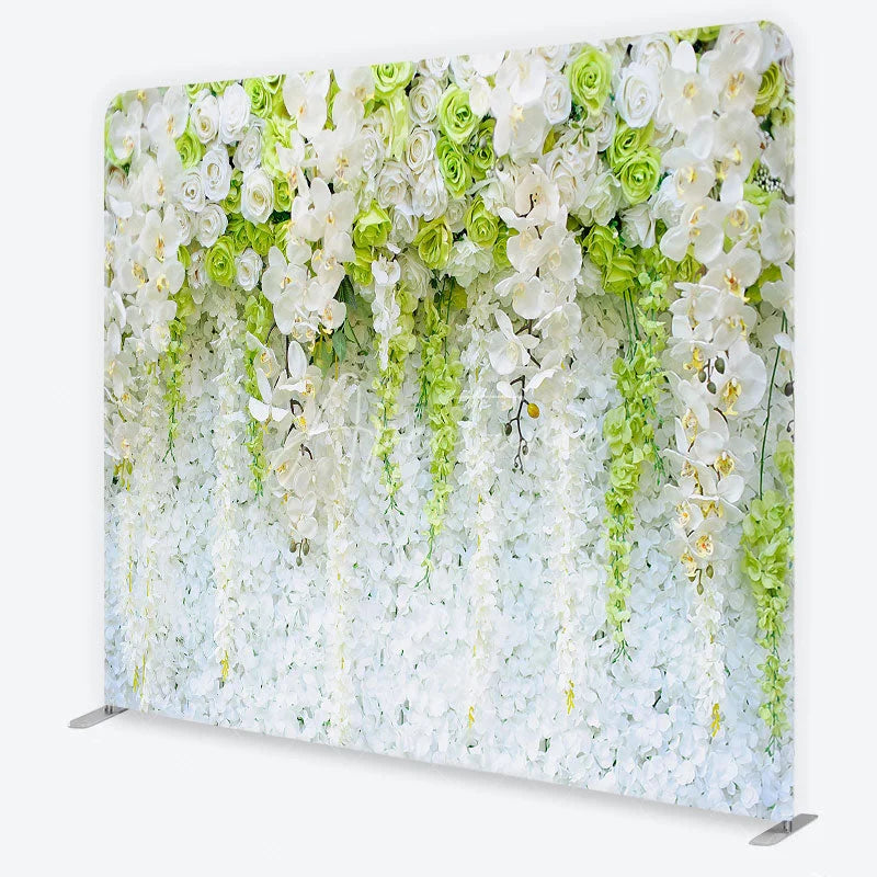 Aperturee - Aperturee Elegant White and Green Orchid Rose Floral Wall Square Double-Sided Backdrop with Hanging Wisteria