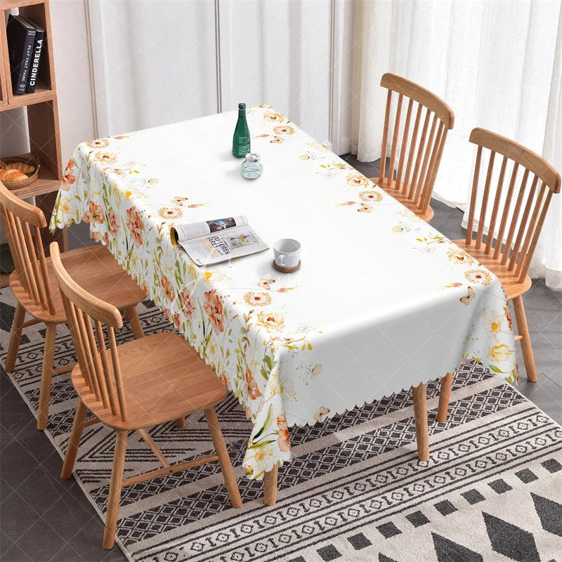 Aperturee - Aperturee Elegant White and Grey Floral Butterfly Rectangle Tablecloth Scalloped Edge Dining and Party Decor