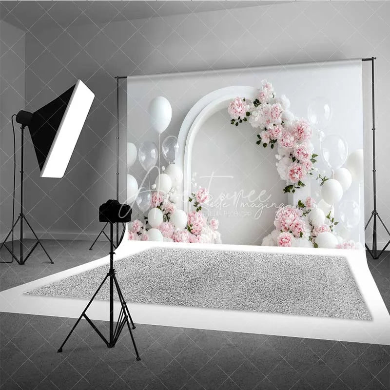 Aperturee - Aperturee Elegant White Arch Floral Photography Backdrop Pink Peony Balloon Wedding Photo Background Clean Bridal Shower Photo