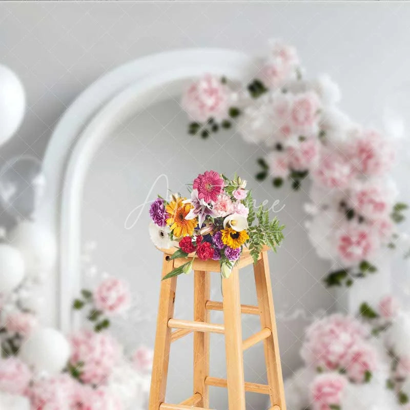 Aperturee - Aperturee Elegant White Arch Floral Photography Backdrop Pink Peony Balloon Wedding Photo Background Clean Bridal Shower Photo
