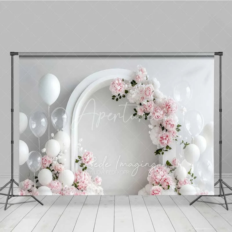 Aperturee - Aperturee Elegant White Arch Floral Photography Backdrop Pink Peony Balloon Wedding Photo Background Clean Bridal Shower Photo