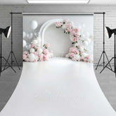 Aperturee - Aperturee Elegant White Arch Floral Sweep Photo Backdrop Pink Peony Balloon Wedding Background Clean Bridal Shower Floor Prop