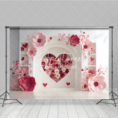 Aperturee - Aperturee Elegant White Arch with Pink and Red Paper Flower Heart Photography Backdrop Romantic Valentine’s Day Decor