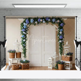 Aperturee - Aperturee Elegant White Arched Door Floral Photography Backdrop with Blue Hydrangea and Lavender Garland Wedding Ceremony Decor