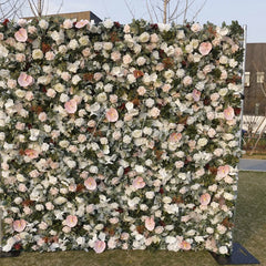 Aperturee - Aperturee Elegant White Blush Pink and Cream Rose Artificial Flower Wall with Anthurium Lush Green Foliage Wedding Party Decor