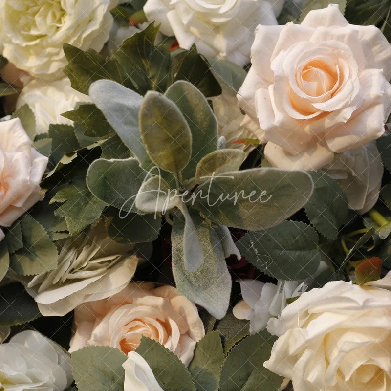 Aperturee - Aperturee Elegant White Blush Pink and Cream Rose Artificial Flower Wall with Anthurium Lush Green Foliage Wedding Party Decor
