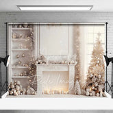Aperturee - Aperturee Elegant White Christmas Backdrop Fireplace Flocked Tree Gold Silver Ornaments Candles Photo Background