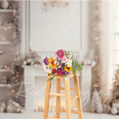 Aperturee - Aperturee Elegant White Christmas Backdrop Fireplace Flocked Tree Gold Silver Ornaments Candles Photo Background