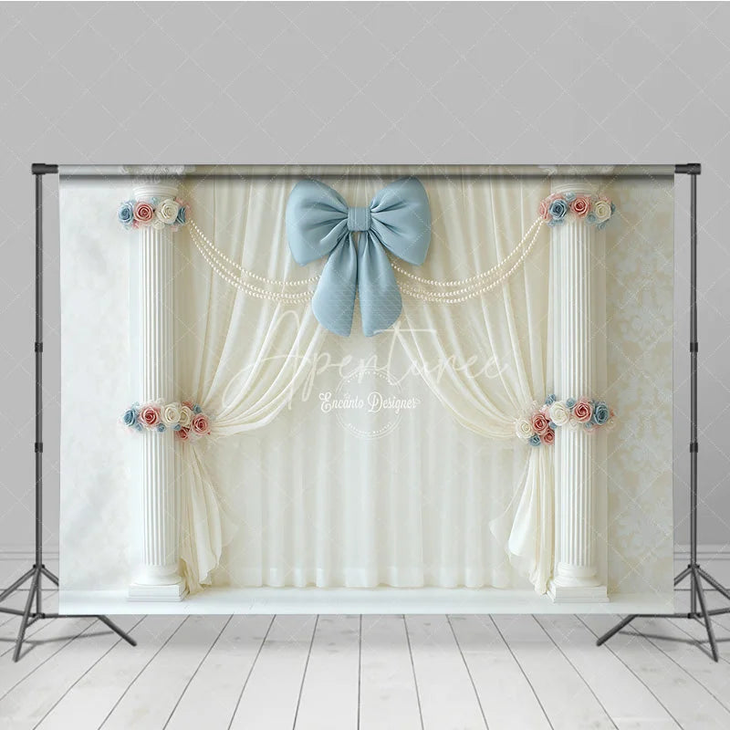 Aperturee - Aperturee Elegant White Curtain Photography Backdrop Blue Bow with Columns and Pearls Wedding or Bridal Shower Decor