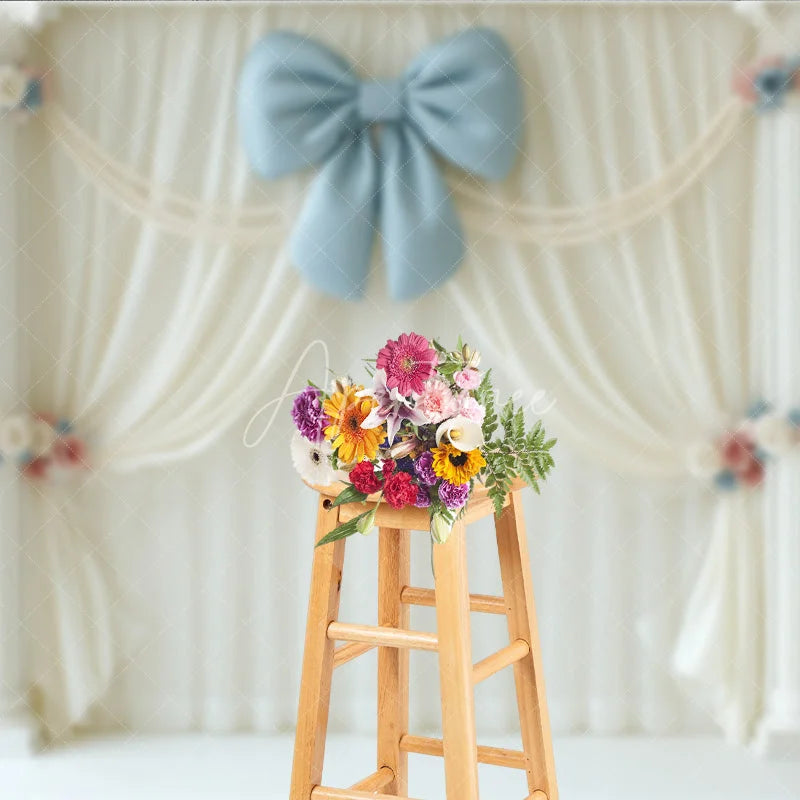Aperturee - Aperturee Elegant White Curtain Photography Backdrop Blue Bow with Columns and Pearls Wedding or Bridal Shower Decor