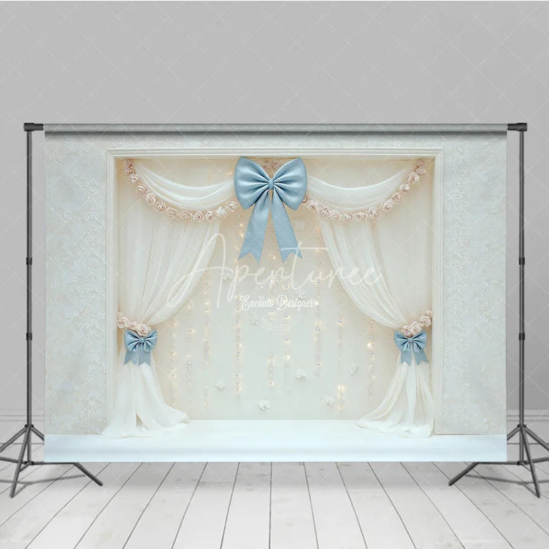 Aperturee - Aperturee Elegant White Curtain Photography Backdrop Blue Bows with Fairy Lights Wedding or Bridal Shower Photo Booth Decor