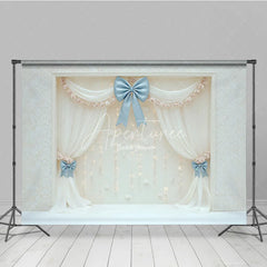 Aperturee - Aperturee Elegant White Curtain Photography Backdrop Blue Bows with Fairy Lights Wedding or Bridal Shower Photo Booth Decor
