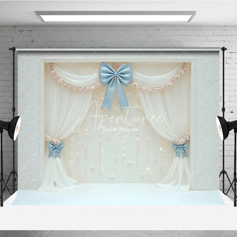 Aperturee - Aperturee Elegant White Curtain Photography Backdrop Blue Bows with Fairy Lights Wedding or Bridal Shower Photo Booth Decor