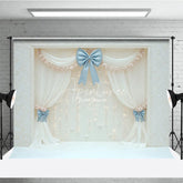Aperturee - Aperturee Elegant White Curtain Photography Backdrop Blue Bows with Fairy Lights Wedding or Bridal Shower Photo Booth Decor