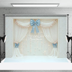 Aperturee - Aperturee Elegant White Curtain Photography Backdrop Blue Bows with Fairy Lights Wedding or Bridal Shower Photo Booth Decor