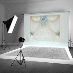 Aperturee - Aperturee Elegant White Curtain Photography Backdrop Blue Bows with Fairy Lights Wedding or Bridal Shower Photo Booth Decor