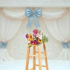 Aperturee - Aperturee Elegant White Curtain Photography Backdrop Blue Bows with Fairy Lights Wedding or Bridal Shower Photo Booth Decor
