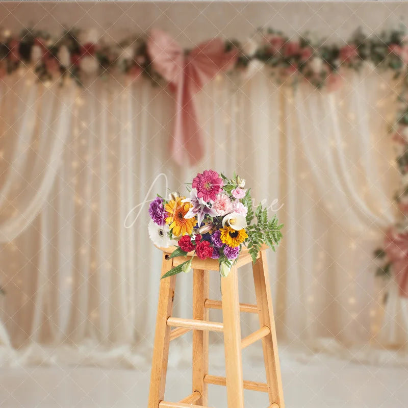 Aperturee - Aperturee Elegant White Curtain Photography Backdrop with Pink Bows Floral Garland and Fairy Lights Wedding Photo Booth