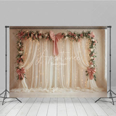 Aperturee - Aperturee Elegant White Curtain Photography Backdrop with Pink Bows Floral Garland and Fairy Lights Wedding Photo Booth