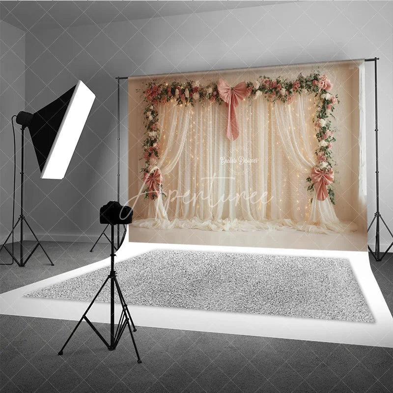 Aperturee - Aperturee Elegant White Curtain Photography Backdrop with Pink Bows Floral Garland and Fairy Lights Wedding Photo Booth