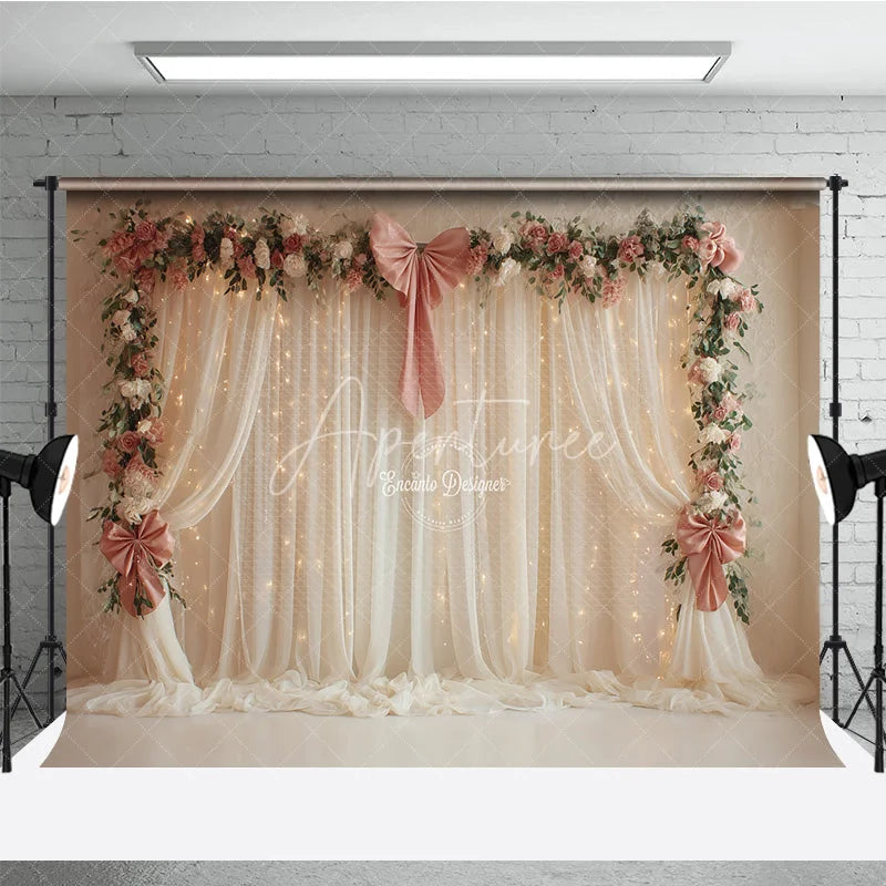 Aperturee - Aperturee Elegant White Curtain Photography Backdrop with Pink Bows Floral Garland and Fairy Lights Wedding Photo Booth