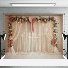 Aperturee - Aperturee Elegant White Curtain Photography Backdrop with Pink Bows Floral Garland and Fairy Lights Wedding Photo Booth