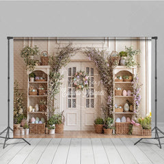 Aperturee - Aperturee Elegant White Door Easter Photography Backdrop Floral Wreath and Pastel Egg Shelves Studio Background