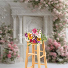 Aperturee - Aperturee Elegant White Door Photography Backdrop Pink Climbing Roses and Chandelier Romantic Wedding Photo Background