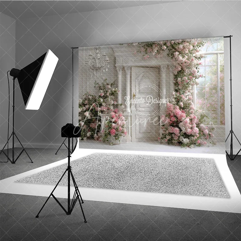 Aperturee - Aperturee Elegant White Door Photography Backdrop Pink Climbing Roses and Chandelier Romantic Wedding Photo Background