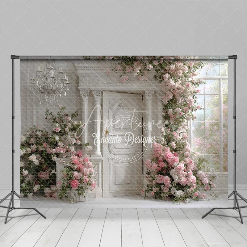 Aperturee - Aperturee Elegant White Door Photography Backdrop Pink Climbing Roses and Chandelier Romantic Wedding Photo Background