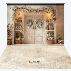 Aperturee - Aperturee Elegant White Double Door Floral Garland Combo Set Backdrop Rustic Easter Spring Photography Decor with Pastel Eggs