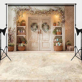 Aperturee - Aperturee Elegant White Double Door Floral Garland Combo Set Backdrop Rustic Easter Spring Photography Decor with Pastel Eggs