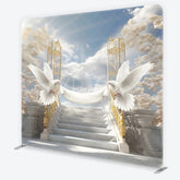 Aperturee - Aperturee Elegant White Doves and Golden Gates Square Tension Backdrop Heavenly Marble Stairs for Wedding Baptism or Memorial