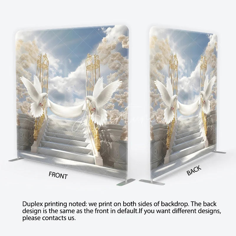 Aperturee - Aperturee Elegant White Doves and Golden Gates Square Tension Backdrop Heavenly Marble Stairs for Wedding Baptism or Memorial
