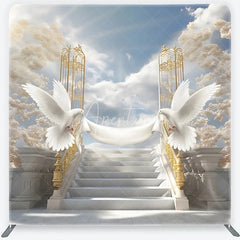 Aperturee - Aperturee Elegant White Doves and Golden Gates Square Tension Backdrop Heavenly Marble Stairs for Wedding Baptism or Memorial