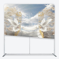Aperturee - Aperturee Elegant White Doves and Golden Gates Square Tension Backdrop Heavenly Marble Stairs for Wedding Baptism or Memorial