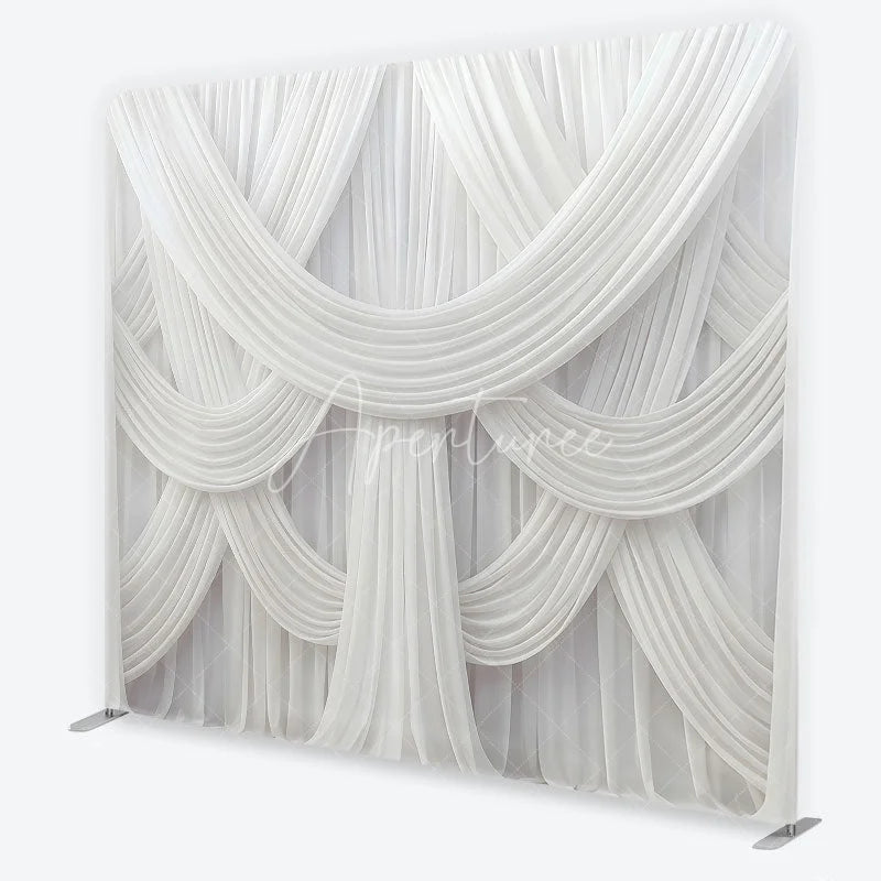 Aperturee - Aperturee Elegant White Draped Fabric Square Double-Sided Backdrop Luxurious Swag Design for Wedding Party and Event Photography