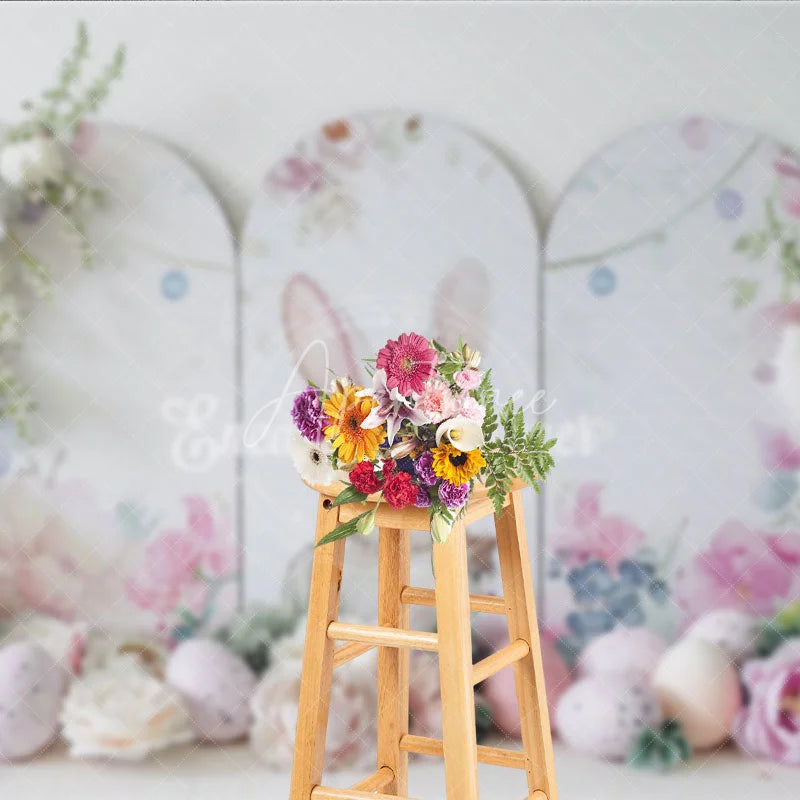 Aperturee - Aperturee Elegant White Easter Bunny Backdrop Floral Arch and Speckled Eggs Spring Party Decoration
