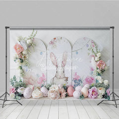 Aperturee - Aperturee Elegant White Easter Bunny Backdrop Floral Arch and Speckled Eggs Spring Party Decoration