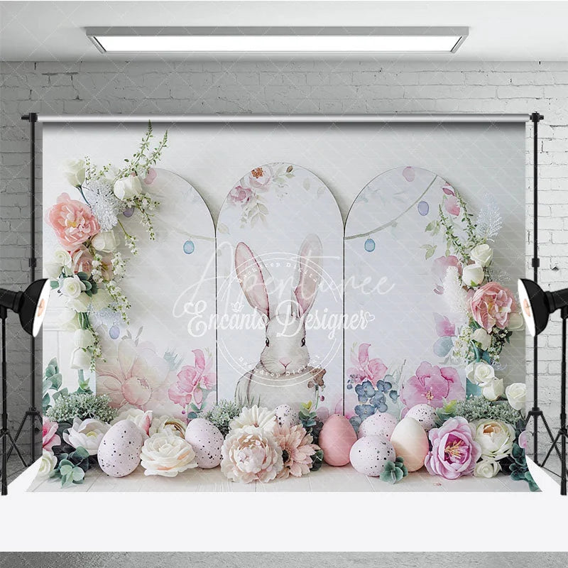 Aperturee - Aperturee Elegant White Easter Bunny Backdrop Floral Arch and Speckled Eggs Spring Party Decoration
