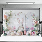 Aperturee - Aperturee Elegant White Easter Bunny Backdrop Floral Arch and Speckled Eggs Spring Party Decoration