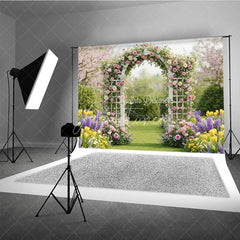 Aperturee - Aperturee Elegant White Floral Arch Photography Backdrop with Pink and Yellow Roses Spring Garden Wedding Celebration