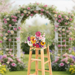 Aperturee - Aperturee Elegant White Floral Arch Photography Backdrop with Pink and Yellow Roses Spring Garden Wedding Celebration